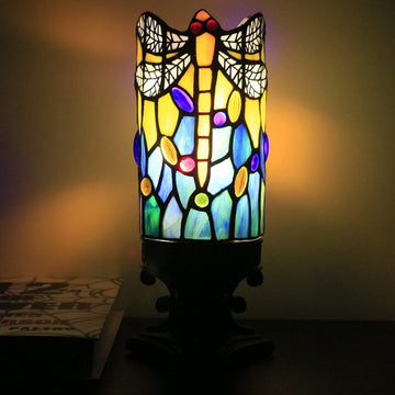 WERFACTORY Small Tiffany Table Lamp Mini Stained Glass Lamp Wide 4 Tall 10 Inch Yellow Dragonfly Style Desk Night Light